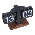 Retro mechanical flip down desk clock with wood-tone base