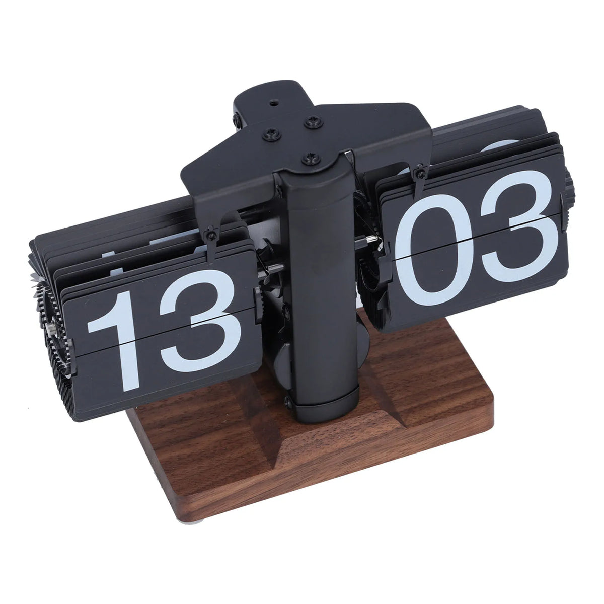 Retro mechanical flip down desk clock with wood-tone base
