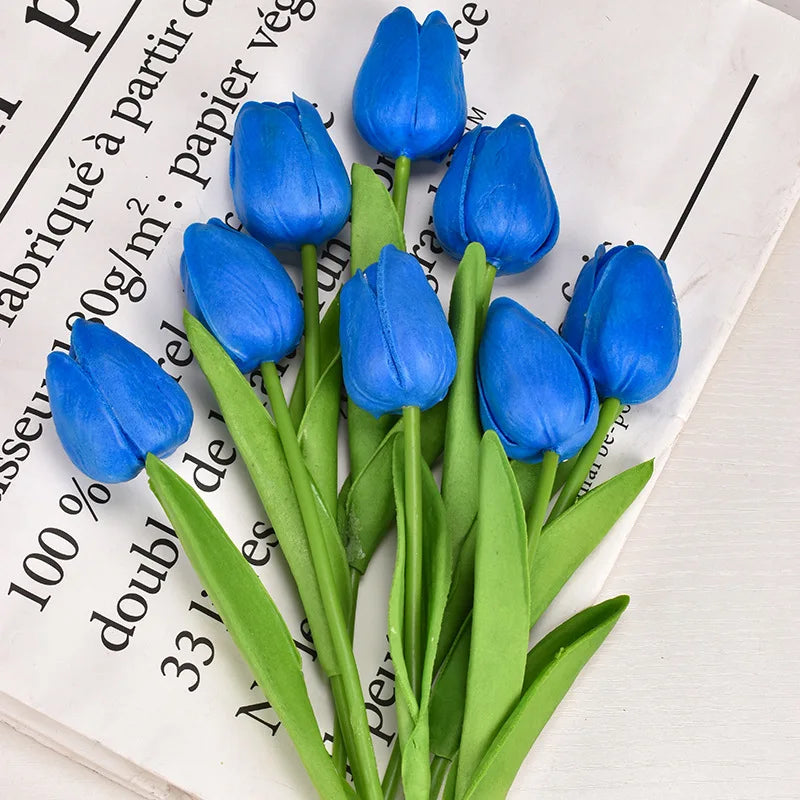 Real-Touch Artificial Tulips - 10 Stem Bouquet for Vases and Table Decor - Blue