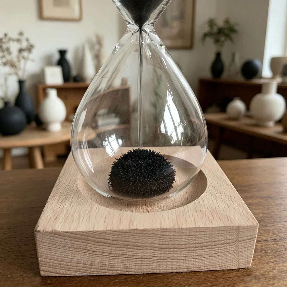 Magnetic Sand Hourglass Sculpture - Wood Base finish, flipped mid-flow