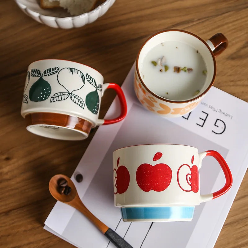 Retro Ceramic Coffee Mug Set of 4 - Stackable 300ml Nordic Pattern Cups - 2