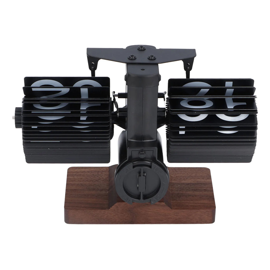Retro mechanical flip down desk clock with wood-tone base
