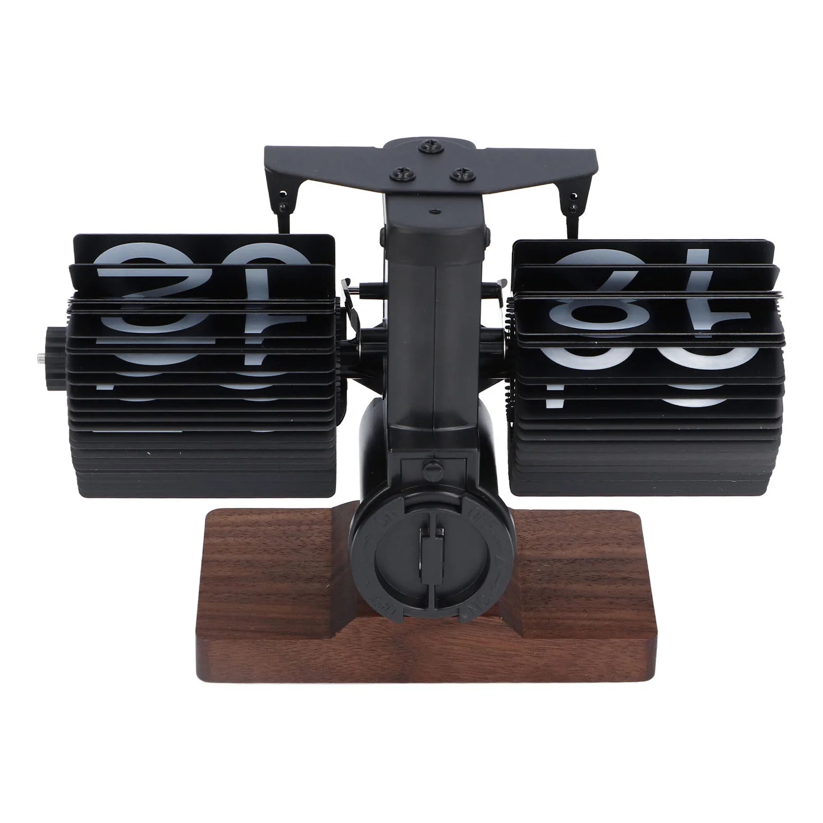 Retro mechanical flip down desk clock with wood-tone base