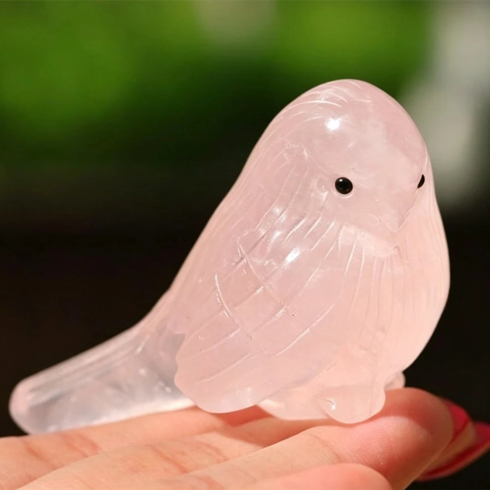 Rose Quartz Bird Figurine - Hand Carved Natural Crystal Song