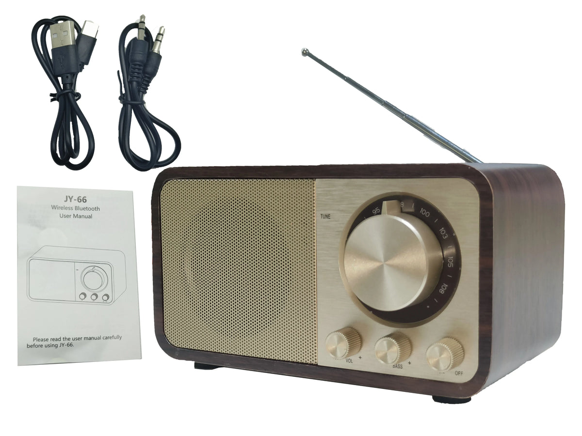 Retro wood-grain Bluetooth speaker with telescopic antenna, AUX cable, power cable and manual