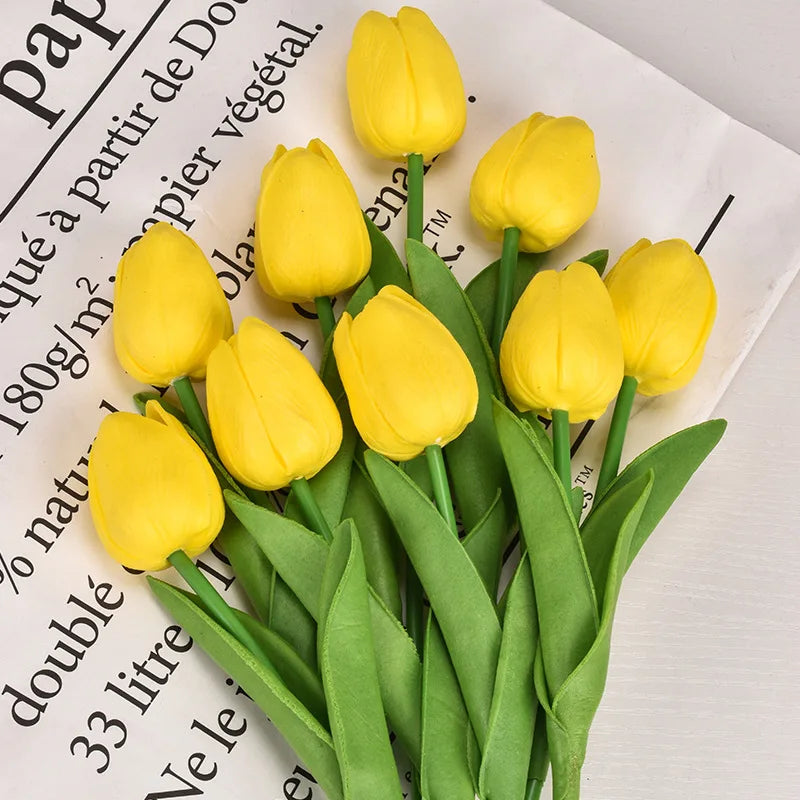 Real-Touch Artificial Tulips - 10 Stem Bouquet for Vases and Table Decor - Yellow