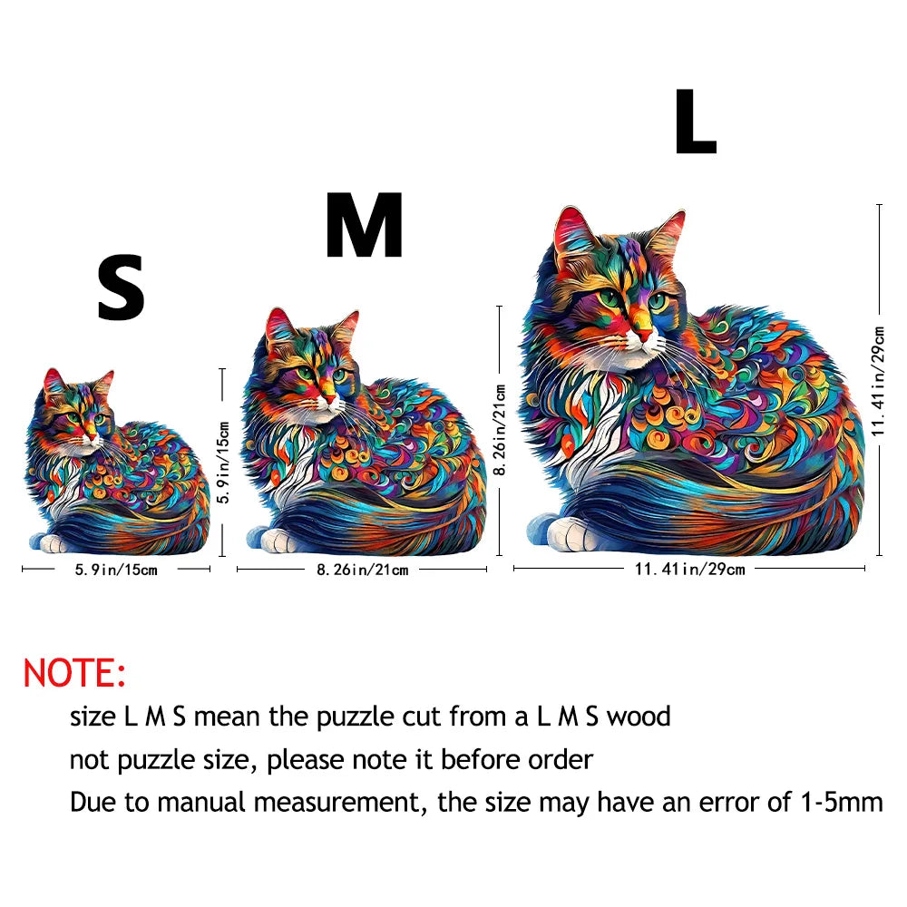 Cat Shaped Wooden Jigsaw Puzzle - Colourful Irregular Animal Pieces for Adults