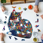 Cat Shaped Wooden Jigsaw Puzzle - Colourful Irregular Animal Pieces for Adults