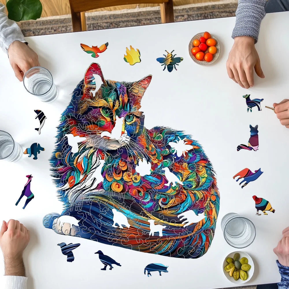 Cat Shaped Wooden Jigsaw Puzzle - Colourful Irregular Animal Pieces for Adults