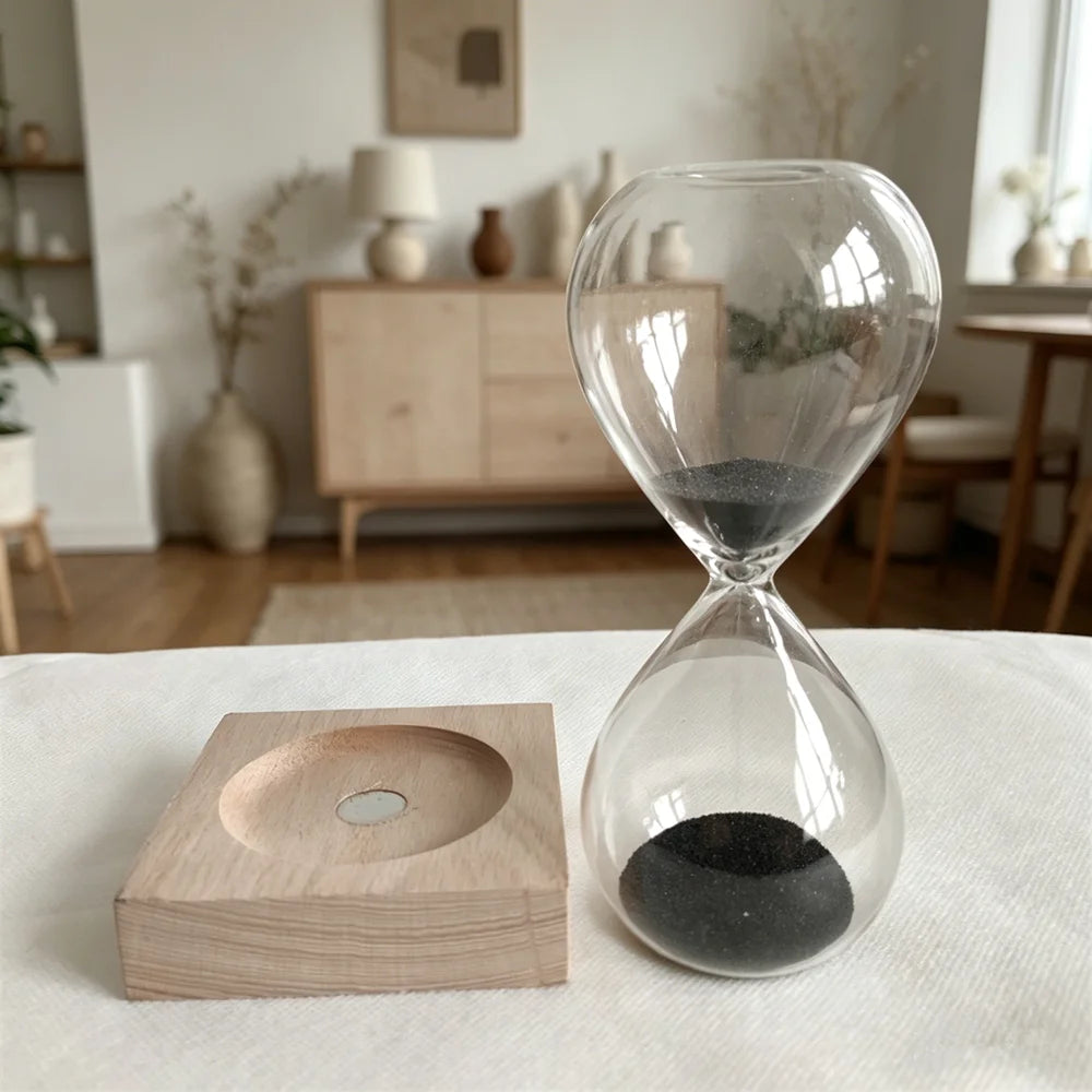 Magnetic Sand Hourglass Sculpture - Wood Base finish on tabletop