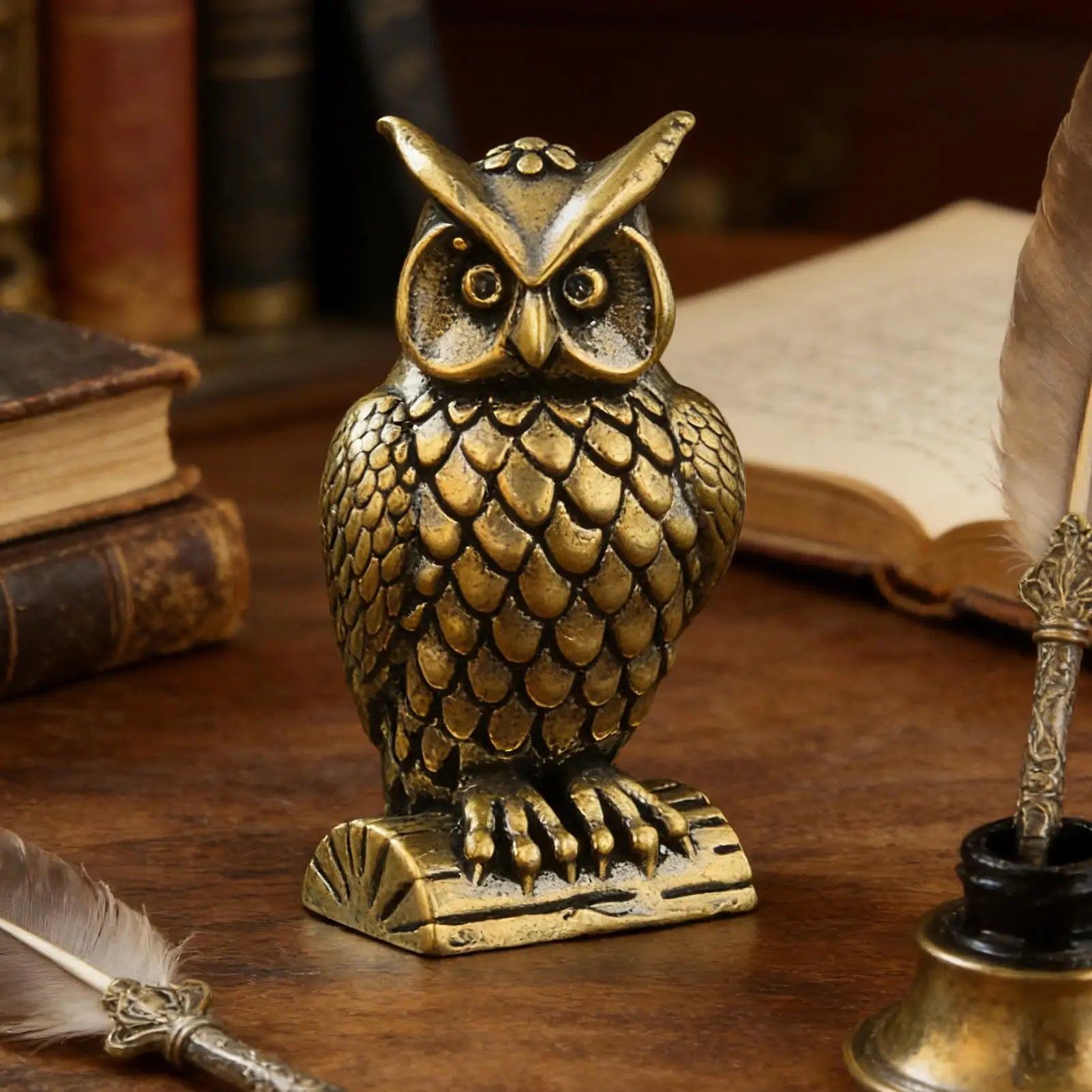 Solid Brass Owl Figurine - Vintage Desk and Bookshelf Sculpture, Two Designs