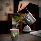 Japanese Kiln-Change Ceramic Teapot - Hand-Painted Crane, Copper Handle - 2