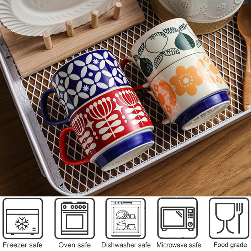 Retro Ceramic Coffee Mug Set of 4 - Stackable 300ml Nordic Pattern Cups - 4