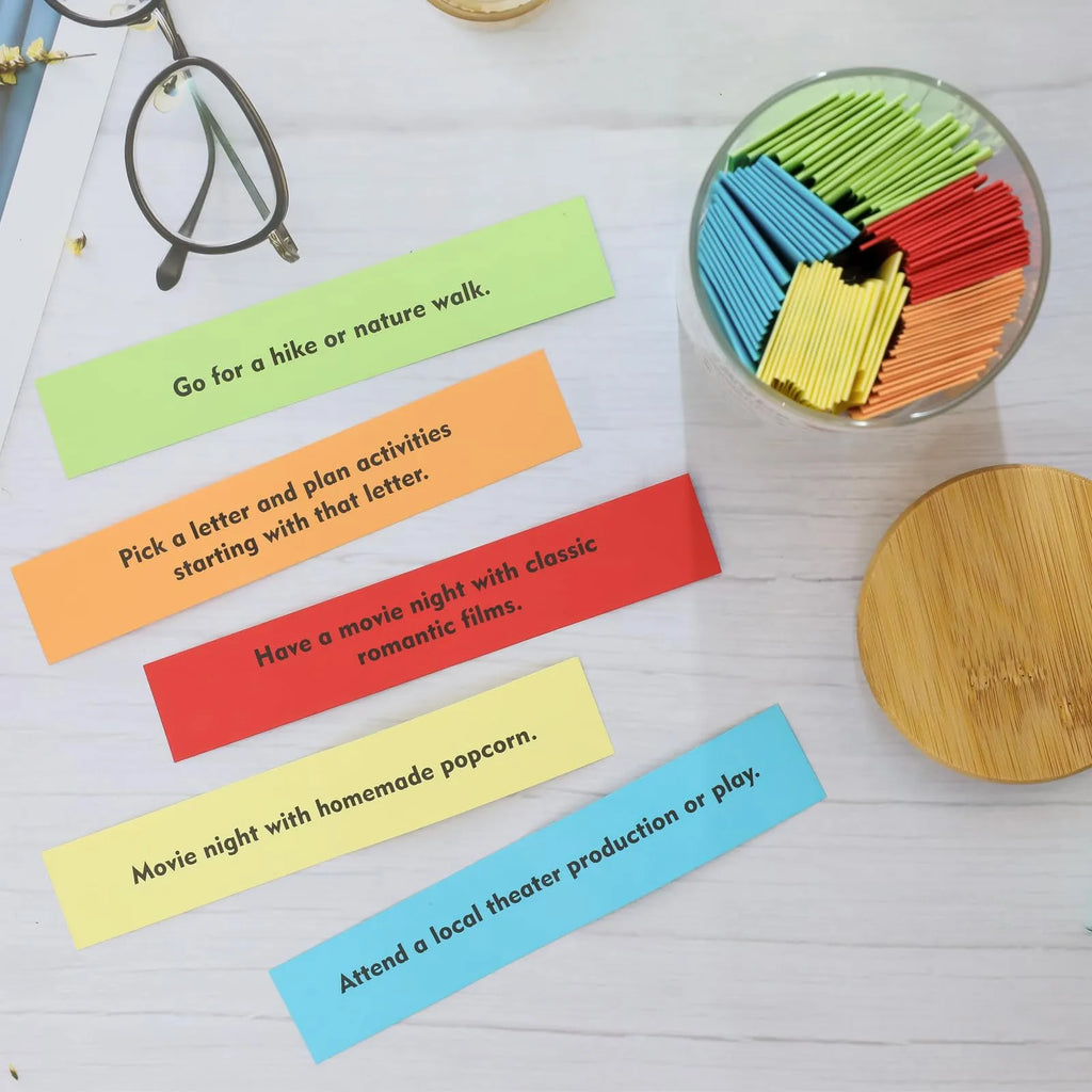 Date Night Ideas Jar - Colour-Coded Prompt Sticks in a Glass Jar with Bamboo Lid - image 2