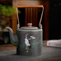 Japanese Kiln-Change Ceramic Teapot - Hand-Painted Crane, Copper Handle - 1