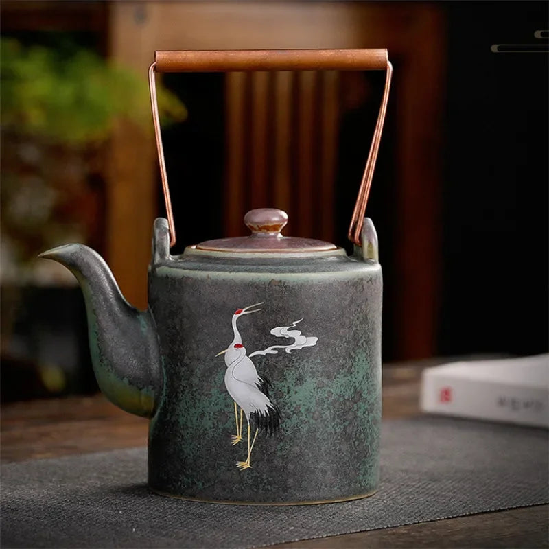 Japanese Kiln-Change Ceramic Teapot - Hand-Painted Crane, Copper Handle - 1