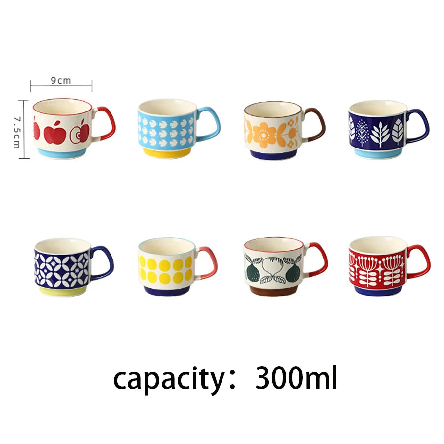 Retro Ceramic Coffee Mug Set of 4 - Stackable 300ml Nordic Pattern Cups - 6