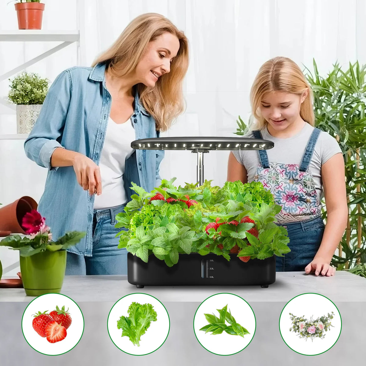 Mother and daughter tending herbs growing in the countertop hydroponic garden