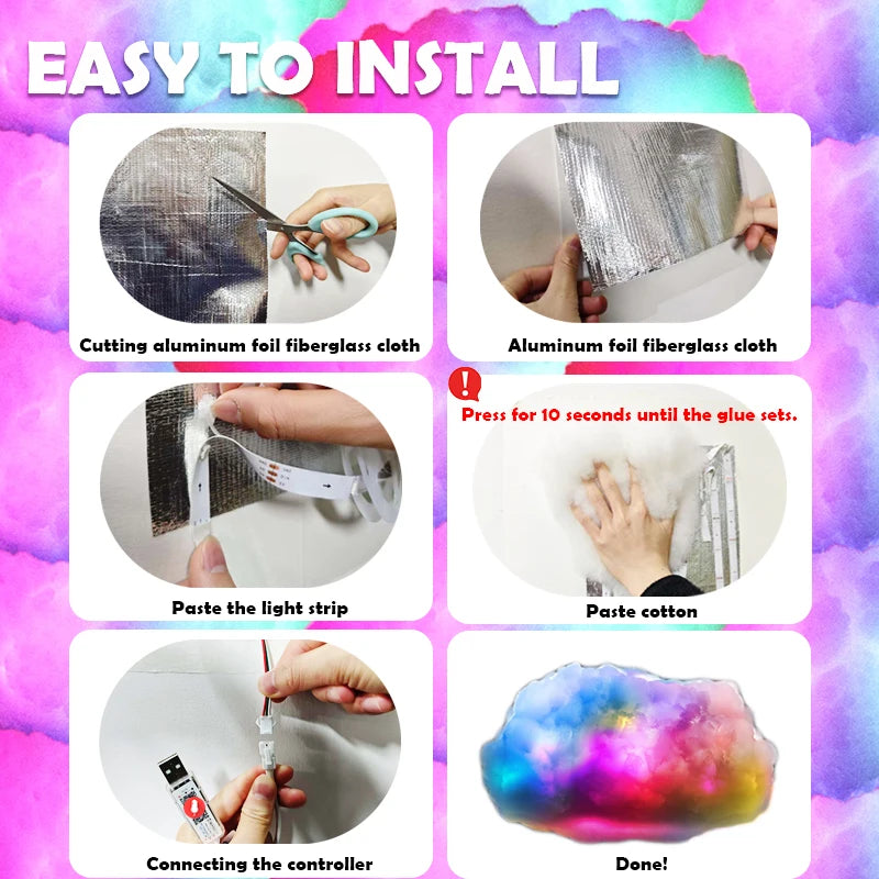 Step by step installation: cut the fibreglass sheet, fix the strip, attach the fibre, connect the controller