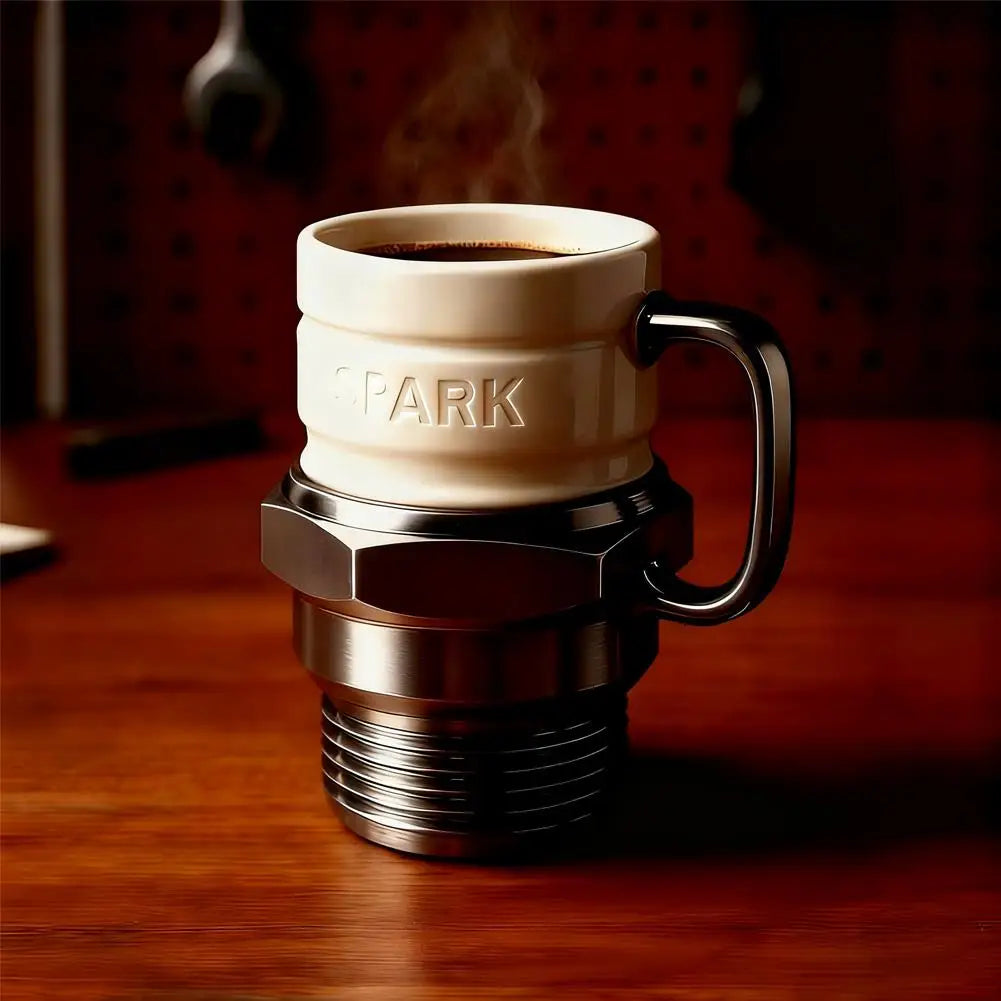 Spark Plug Coffee Mug - Novelty Ceramic and Metal Cup for Car Lovers and Mechanics