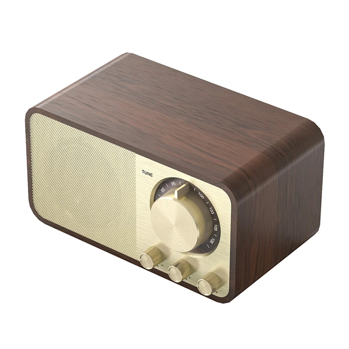 Retro wood-grain Bluetooth speaker, angled view