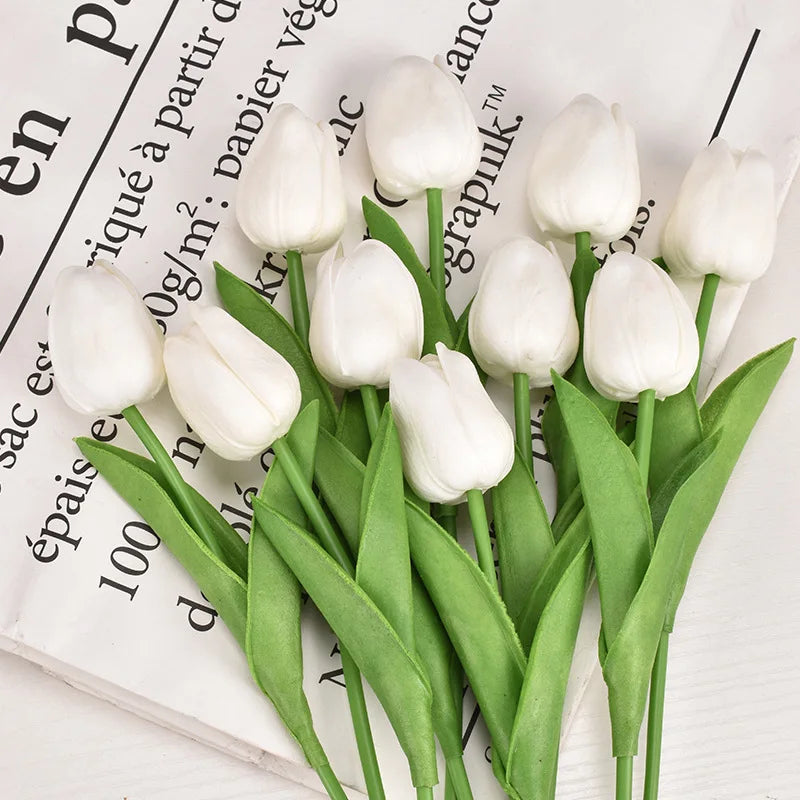 Real-Touch Artificial Tulips - 10 Stem Bouquet for Vases and Table Decor - White