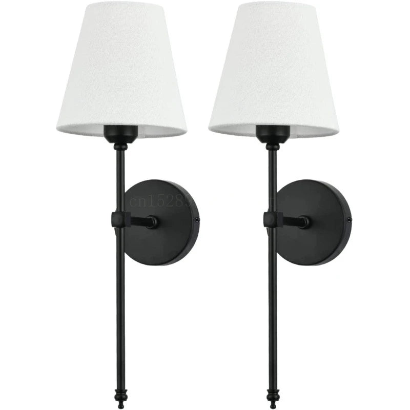 Modern wall sconce, black finish, white fabric shade - set of 2