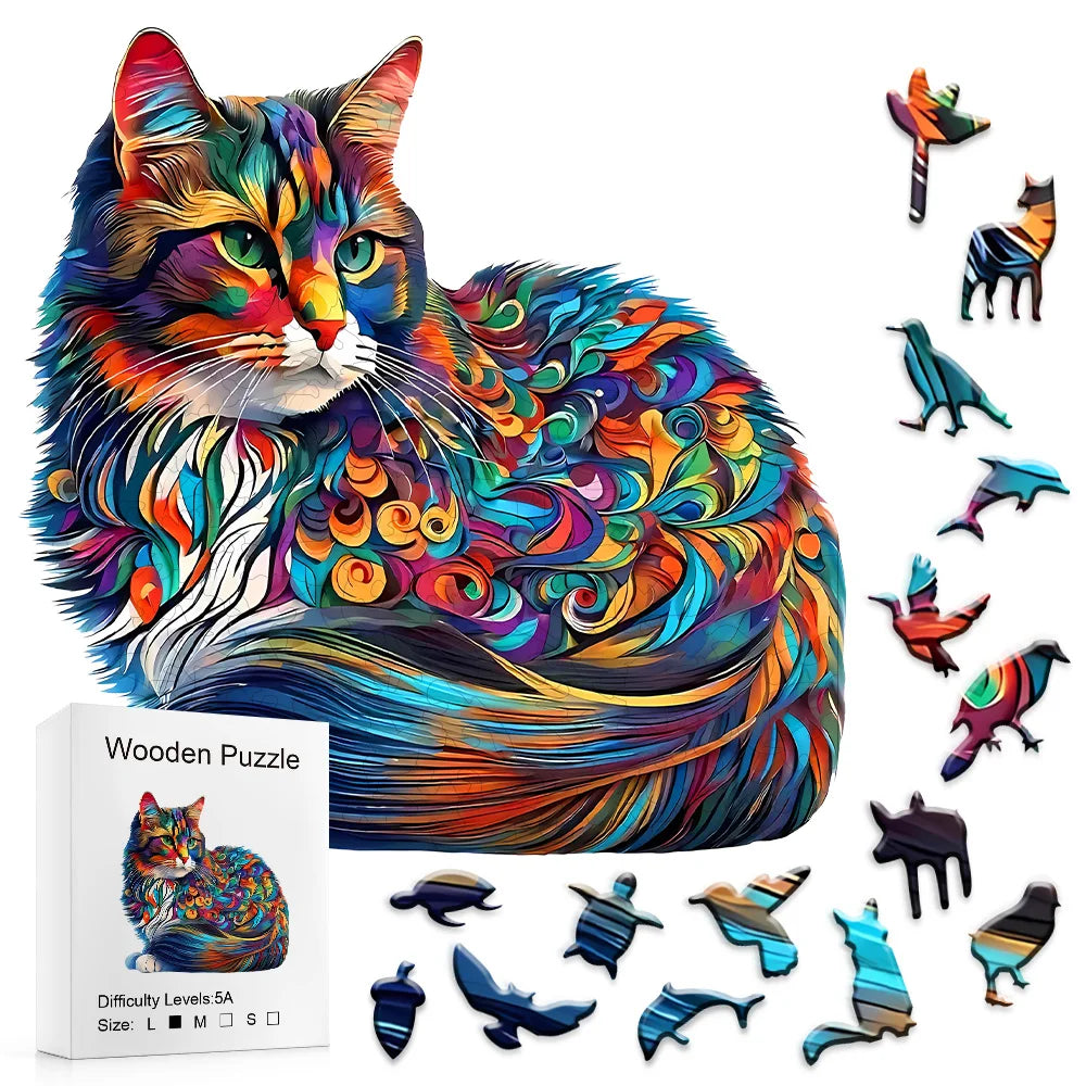Cat Shaped Wooden Jigsaw Puzzle - Colourful Irregular Animal Pieces for Adults