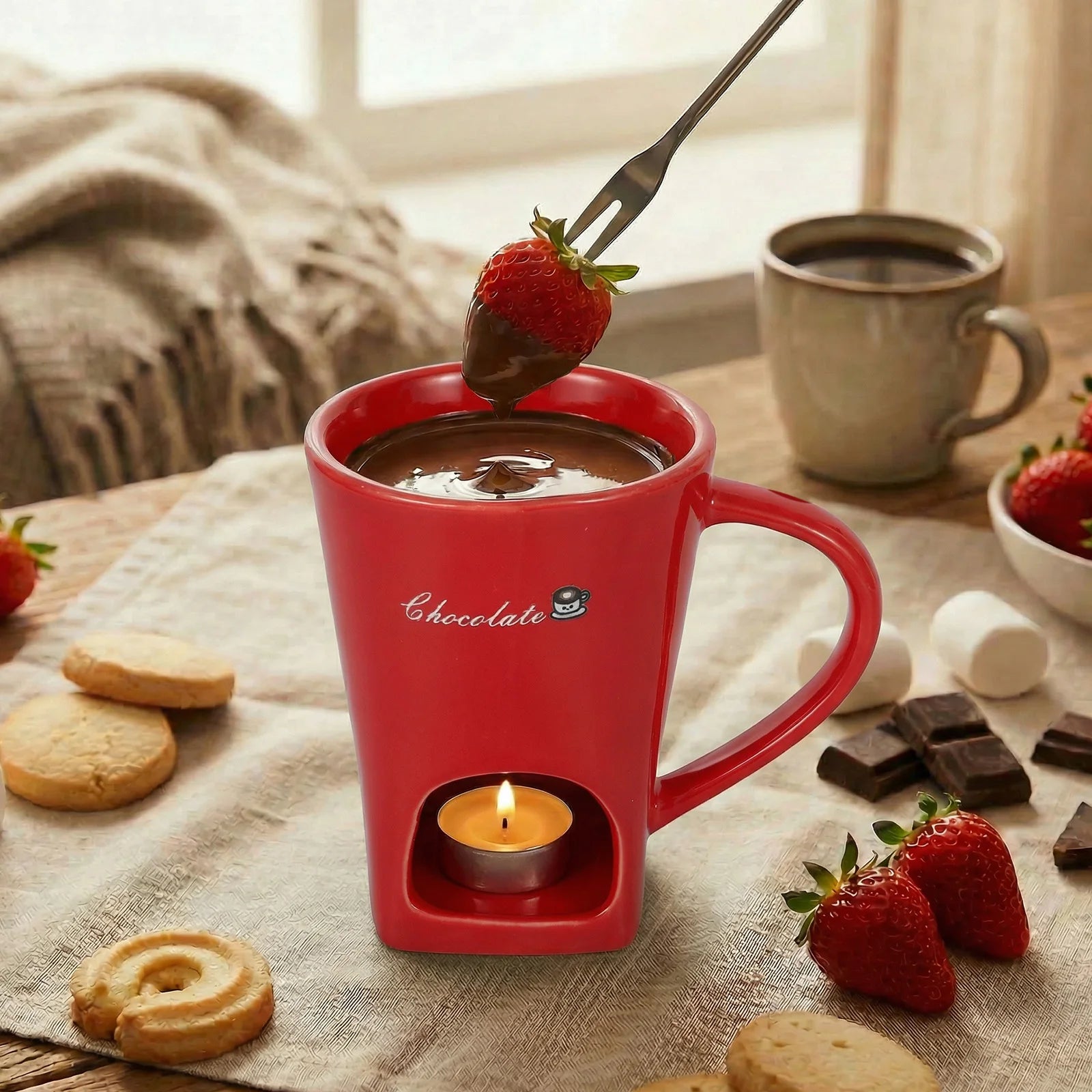 Ceramic Fondue Mug with Fork - Personal Chocolate and Cheese Melting Pot, Tea Light Heated