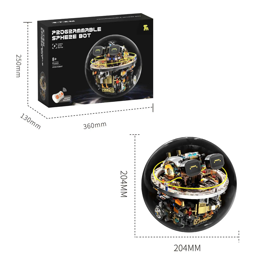 Programmable Robot Ball Building Set - 804-Piece RC Sphere Bot with LED Face - Color WHITE