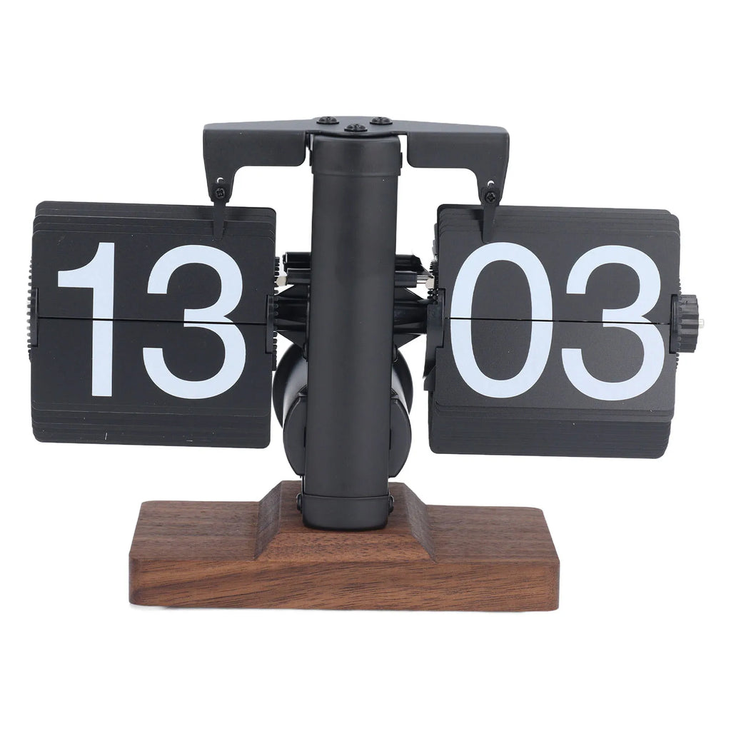 Retro mechanical flip down desk clock with wood-tone base