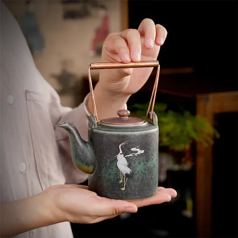 Japanese Kiln-Change Ceramic Teapot - Hand-Painted Crane, Copper Handle - 3