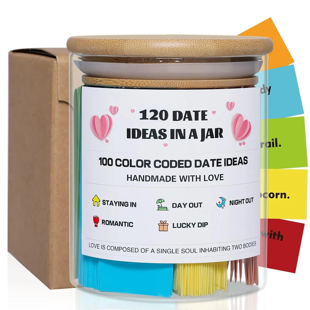 Date Night Ideas Jar - Colour-Coded Prompt Sticks in a Glass Jar with Bamboo Lid - image 1
