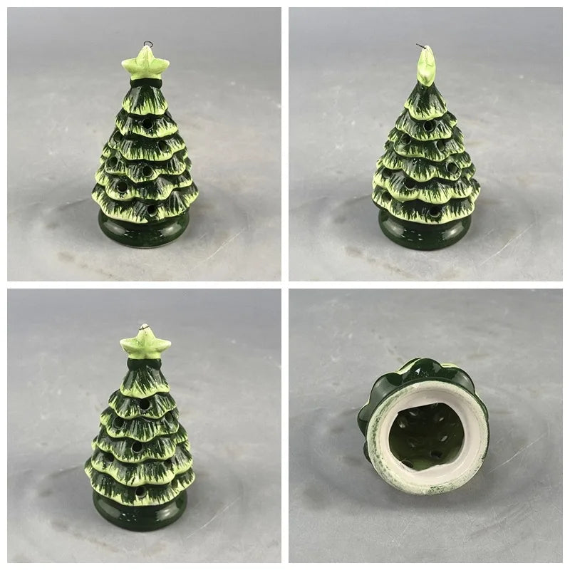 Ceramic Christmas Tree Tealight Holder - 11cm Glazed Green P