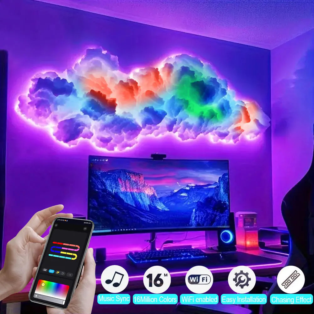 3D thunder cloud DIY light kit mounted on a gaming room ceiling, glowing in multicolour RGB