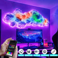 3D thunder cloud DIY light kit mounted on a gaming room ceiling, glowing in multicolour RGB