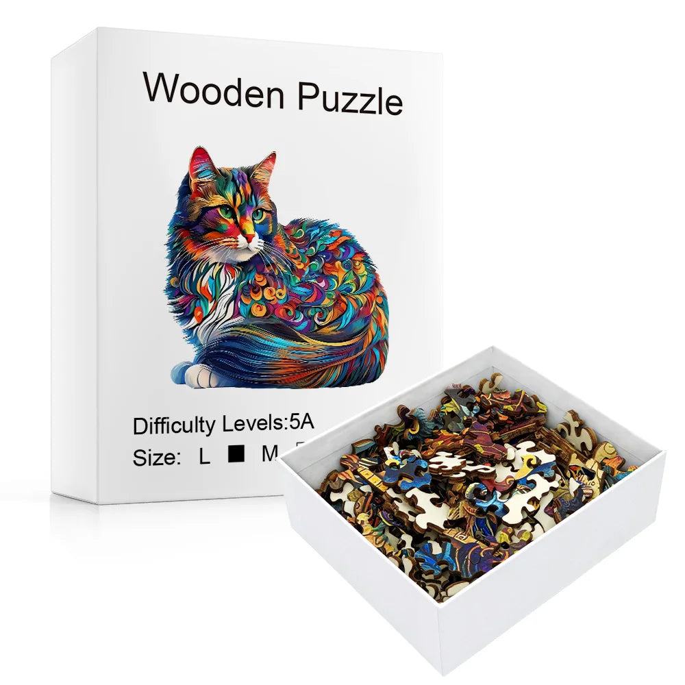 Cat Shaped Wooden Jigsaw Puzzle - Colourful Irregular Animal Pieces for Adults