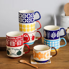 Retro Ceramic Coffee Mug Set of 4 - Stackable 300ml Nordic Pattern Cups - 5