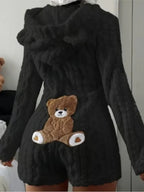 Plush Hooded Romper - Teddy Bear Fleece Loungewear with Shorts - view 5