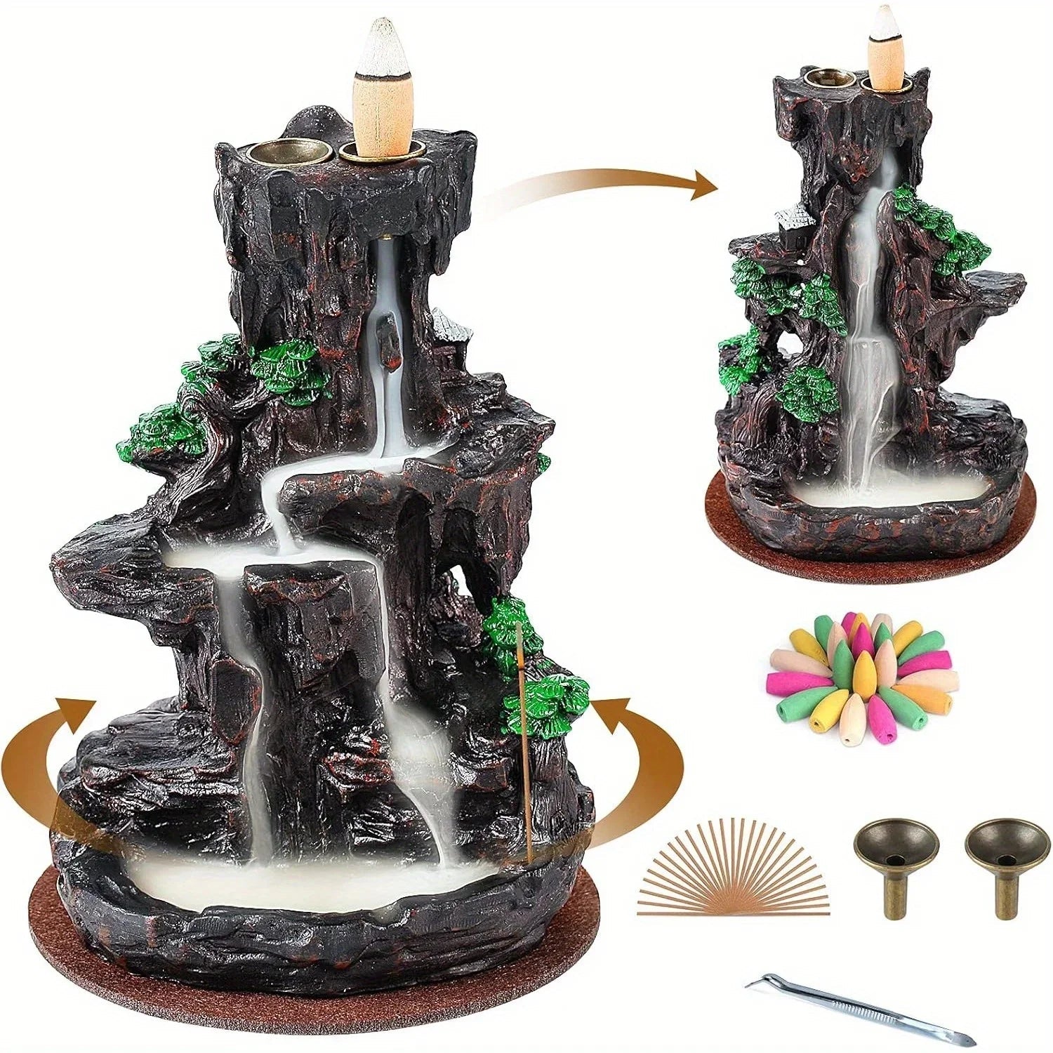 Backflow Incense Burner Waterfall with 120 Cones, Dual - Sided Incense Holder for Home Décor, Meditation & Relaxation Gift - GiftMira