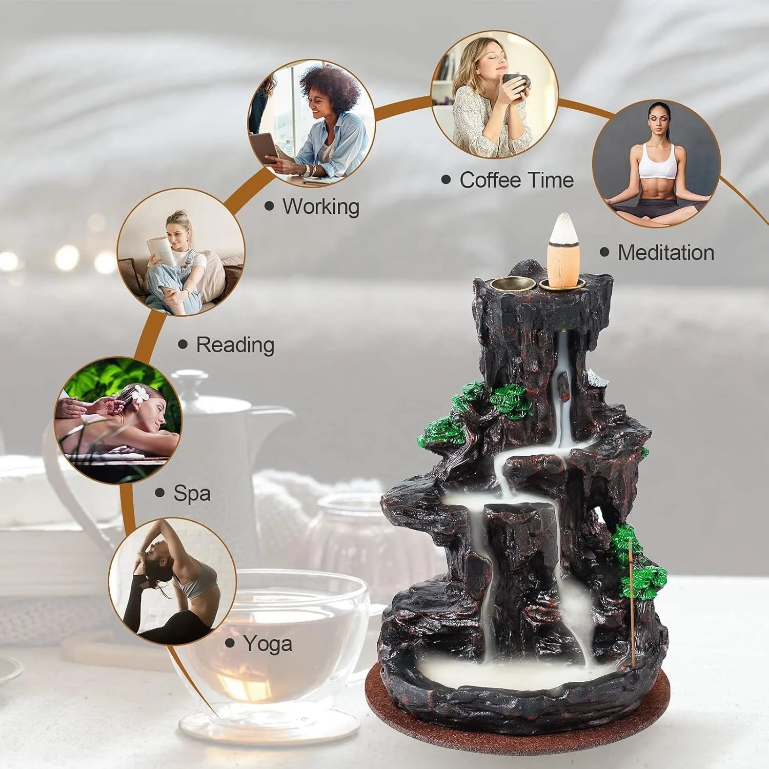 Backflow Incense Burner Waterfall with 120 Cones, Dual - Sided Incense Holder for Home Décor, Meditation & Relaxation Gift - GiftMira