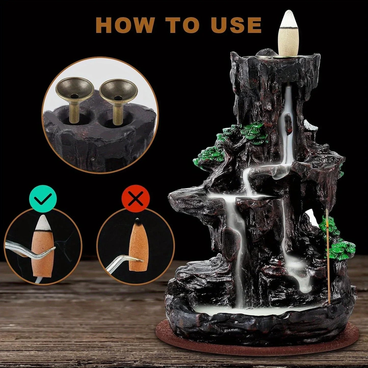 Backflow Incense Burner Waterfall with 120 Cones, Dual - Sided Incense Holder for Home Décor, Meditation & Relaxation Gift - GiftMira
