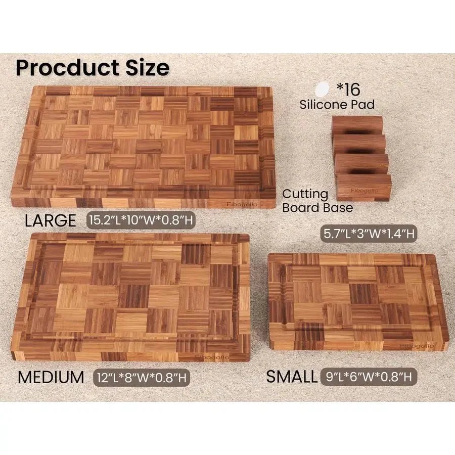 Bamboo Charcuterie & Prep Board Set 3 - Piece End Grain Butcher Block Juice Groove Holder Kitchen Gift - GiftMira