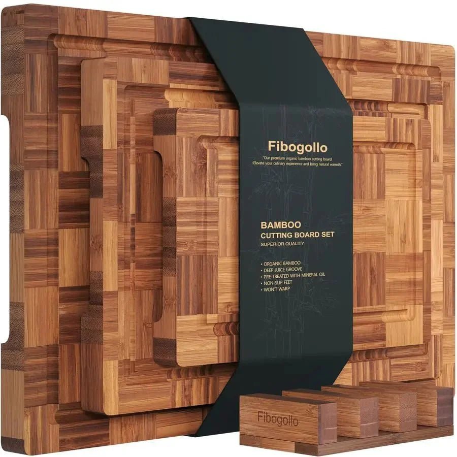 Bamboo Charcuterie & Prep Board Set 3 - Piece End Grain Butcher Block Juice Groove Holder Kitchen Gift - GiftMira