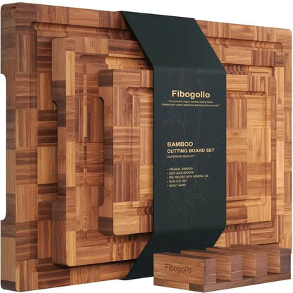 Bamboo Charcuterie & Prep Board Set 3 - Piece End Grain Butcher Block Juice Groove Holder Kitchen Gift - GiftMira