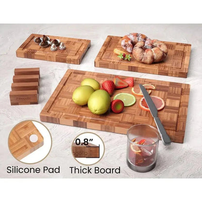Bamboo Charcuterie & Prep Board Set 3 - Piece End Grain Butcher Block Juice Groove Holder Kitchen Gift - GiftMira