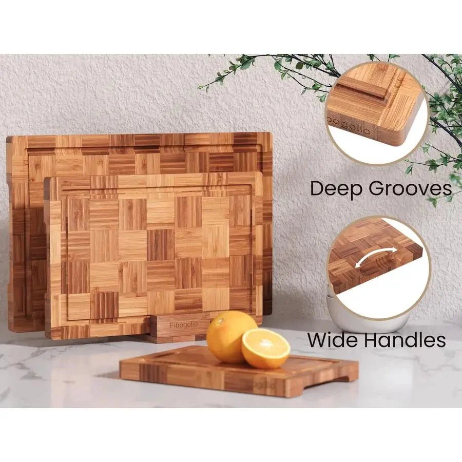 Bamboo Charcuterie & Prep Board Set 3 - Piece End Grain Butcher Block Juice Groove Holder Kitchen Gift - GiftMira