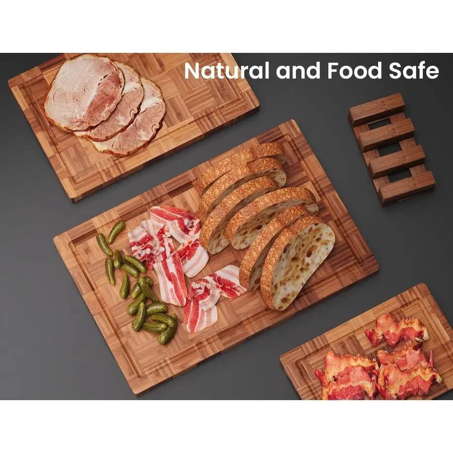 Bamboo Charcuterie & Prep Board Set 3 - Piece End Grain Butcher Block Juice Groove Holder Kitchen Gift - GiftMira