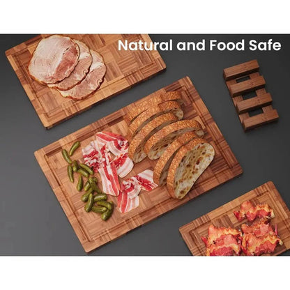 Bamboo Charcuterie & Prep Board Set 3 - Piece End Grain Butcher Block Juice Groove Holder Kitchen Gift - GiftMira