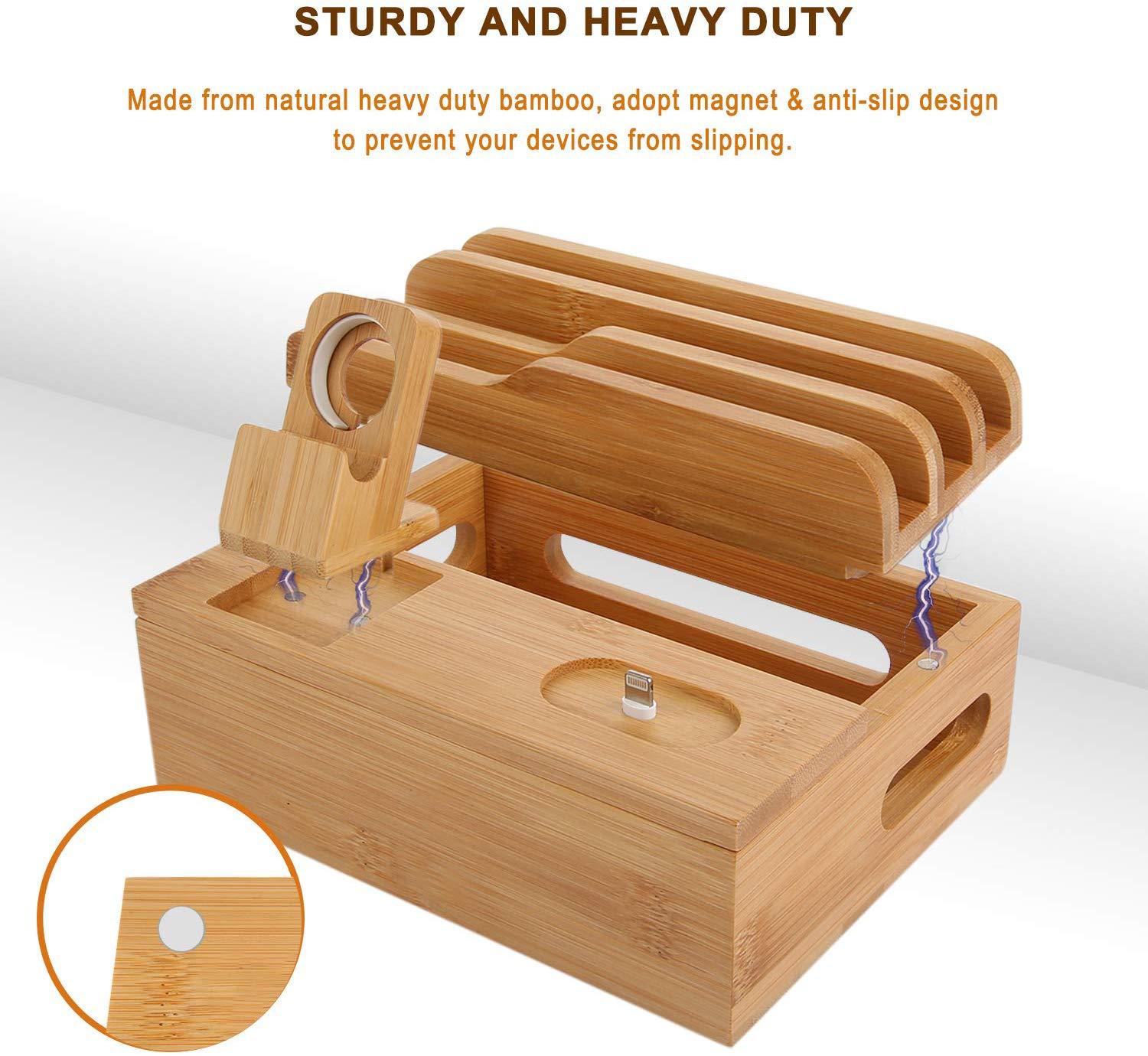 Bamboo Charging Station for Multiple Devices – Wireless Qi Charger, 7 - Port USB, Watch Stand, Desk Organizer - GiftMira